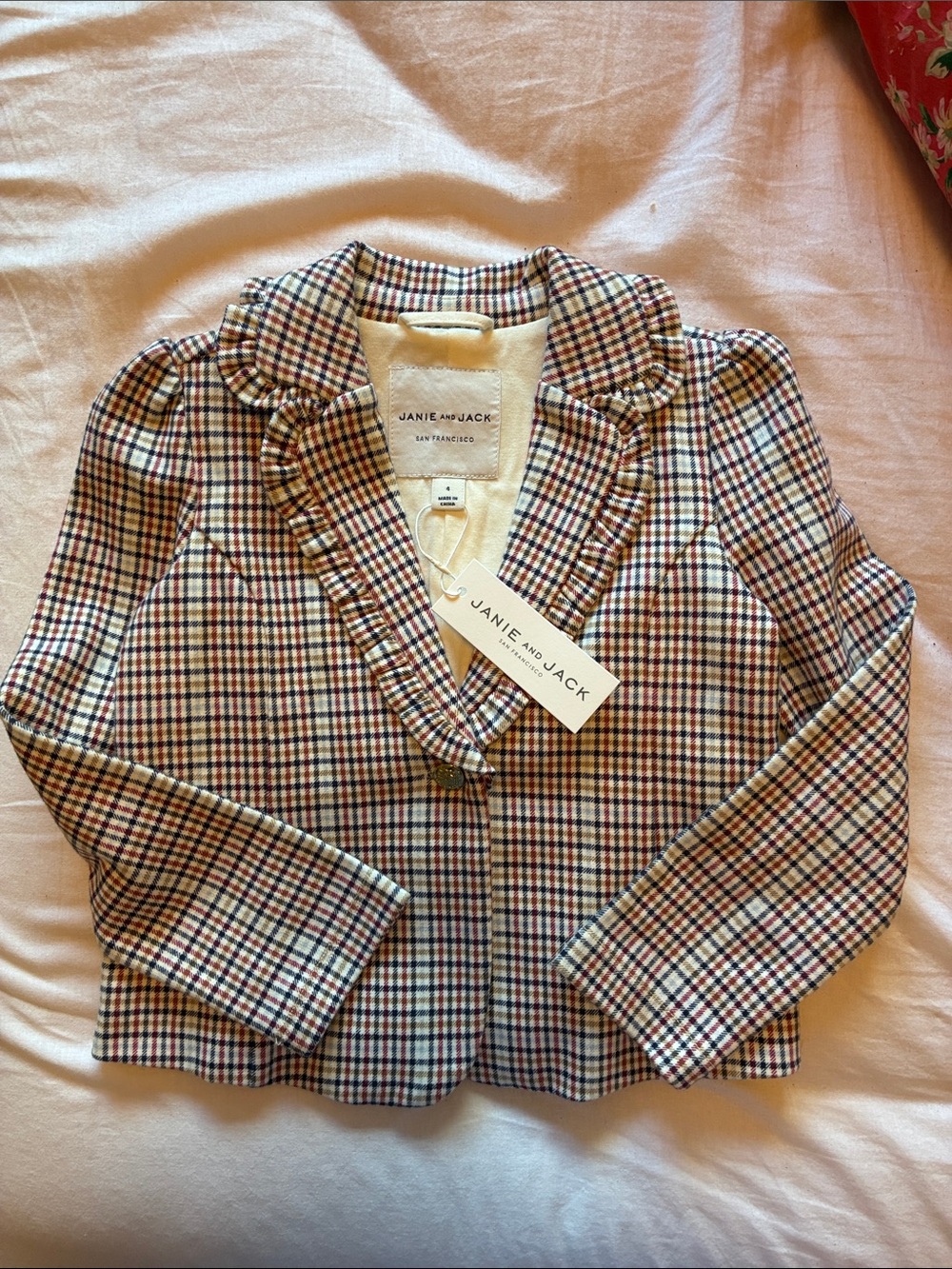 Janie and Jack Cream Plaid Blazer with Navy & Red Accents